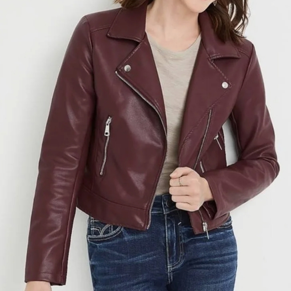 Vigoss Faux Leather Moto Biker Jacket Burgundy XL